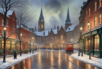 Christmas Night in a Snowy Town Square