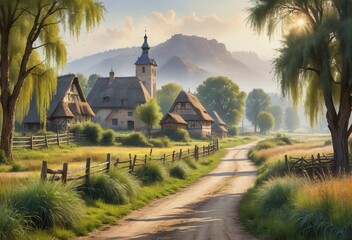 Countryside Scene with a Village and Farmhouses
