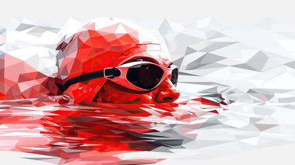 A swimmer wearing goggles and a red cap is in the water