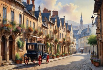 Obraz premium Old World European Village Street Scene