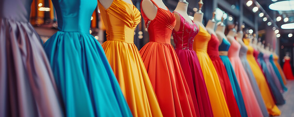 Colorfull Elegant wedding dresses for sale in modern shop boutique.