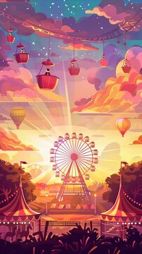 Vector background of amusement park. Poster design invitation of the carnival funfair and amusement with sunset. Ferris wheel, roller coaster and carousel festive parks attractions.