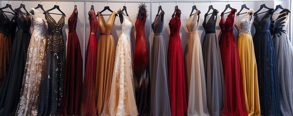 Colorfull Elegant wedding dresses for sale in modern shop boutique.