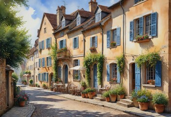 Fototapeta premium Village Scene with Blue-Shuttered Houses and Potted Plants