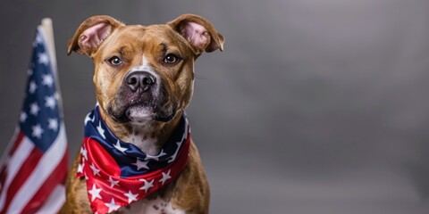 Dog with a serious expression, wearing a bandana patterned with the American flag, standing against a grey background.