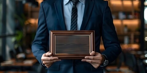 Honored Businessman Holding Employee of the Month Plaque in Professional Office Setting