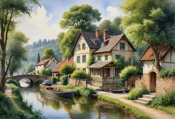 Obraz premium Pictorial Scene: Rural Village Landscape with Boating Activity