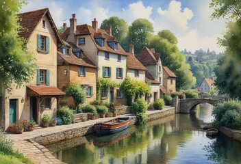 Obraz premium Cottage Scene with Boat on River