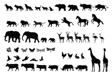 Animal silhouettes. Includes images of various types of wild animals on a white background. Vector illustration.