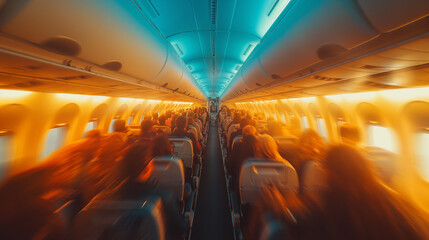Blurred light white airplane interior with people flying on vacation 
