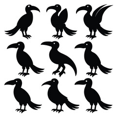 Set of Hornbill animal black Silhouette Vector on a white background