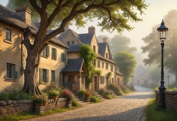 Fototapeta premium Rural Scene with Stone Buildings and Cobblestone Path