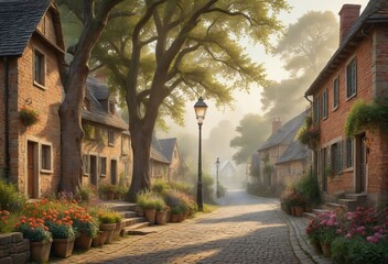 Digital Art of a Small Village with Brick Houses and Cobblestone Streets, Bathed in Morning Light