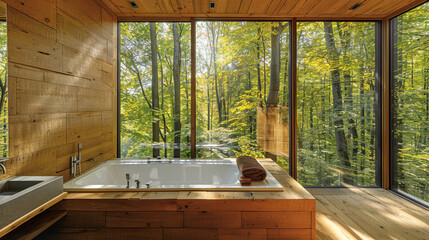 Luxurious bathroom with beautiful forest views