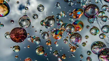  A batch of floating soap bubbles against a blue sky with cloud background