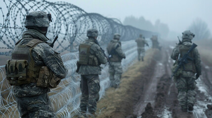 Military and border guards with weapons stand along the border with barbed wire, guarding the border from illegal immigrants