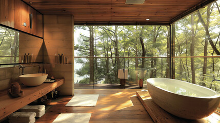 Luxurious bathroom with beautiful forest views