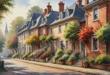 Scenic Residential Street with Brick Houses and Green Trees
