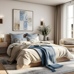 The modern bedroom features a bed with blue and beige bedding, showcasing the farmhouse interior design.