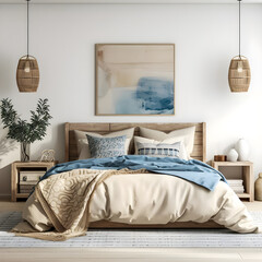 The modern bedroom features a bed with blue and beige bedding, showcasing the farmhouse interior design.
