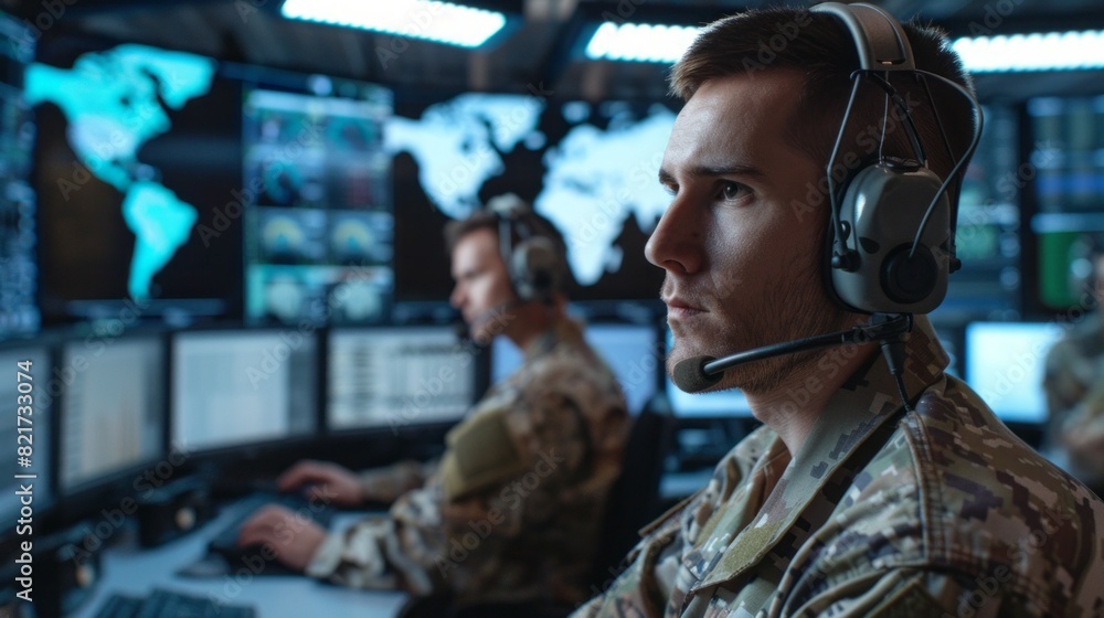 Aufkleber two men in military uniforms are sitting in front of computer monitors