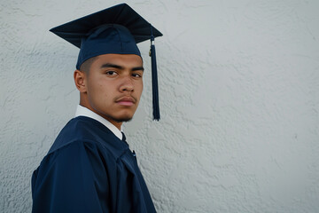 Portrait of an serious male graduate in his cap and gown 