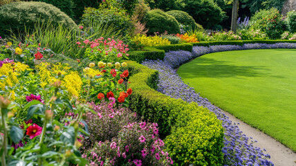 Fototapeta premium A beautifully landscaped garden with colorful flowers Generative AI