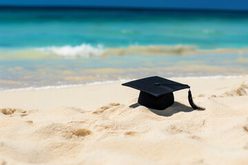 All black graduation cap on the laying on the sand at the beach with beautiful blue ocean in the background