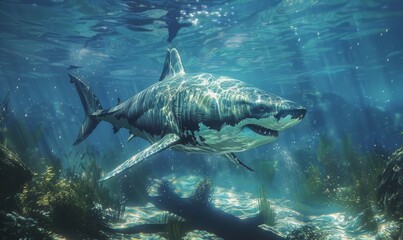 Fototapeta premium Large great white shark swimming underwater in ocean.
