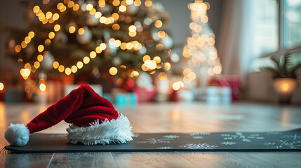 Festive atmosphere in yoga studio with mat and santa hat