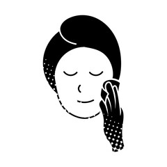 Woman applying facial treatment product black hand drawn icon in halftone texture style