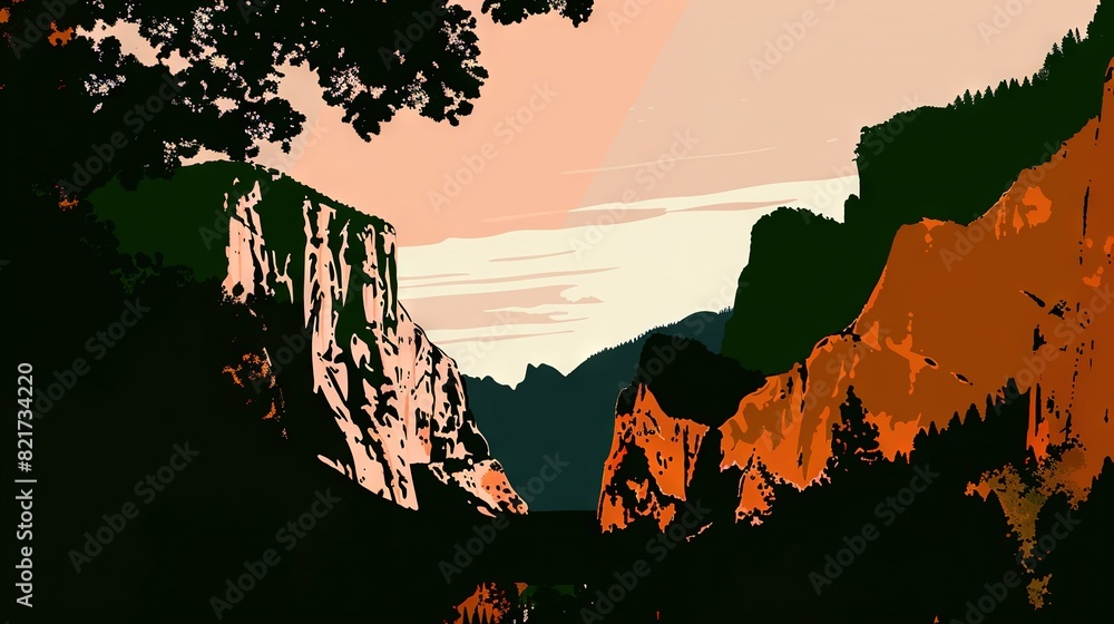 Poster a mountain painting with trees on either side and a skyline in between