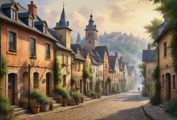 Fototapeta premium Artwork of a picturesque village scene with traditional architecture