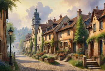 Obraz premium Rural European Village Scene with Cobblestone Road and Stone Houses