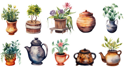 Collection of pot themed watercolor illustrations