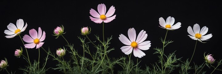 cosmos flowers and leaves on plain black background from Generative AI