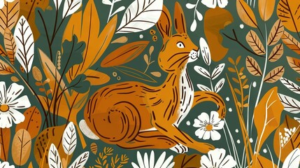 Fototapeta premium Rabbit in Flower Field - A white rabbit rests amidst a sea of green leaves and vibrant daisies against a lush, verdant backdrop