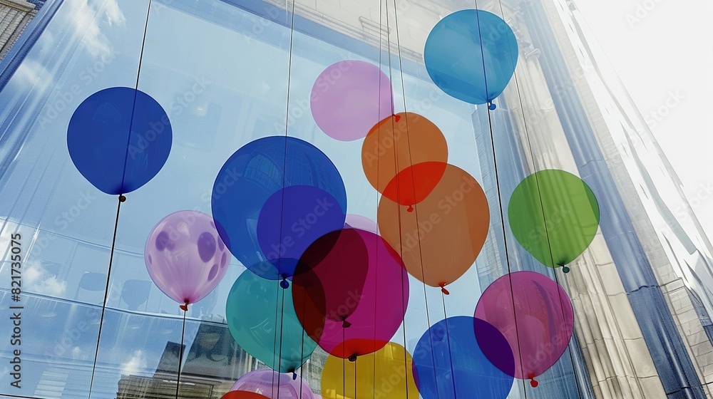 Poster a group of colorful balloons sway gently from the side of a towering structure, framing a transparen