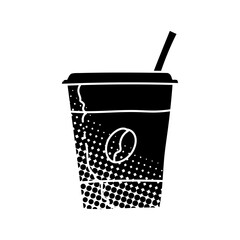 Coffee drink plastic cup with straw black hand drawn icon in halftone texture style