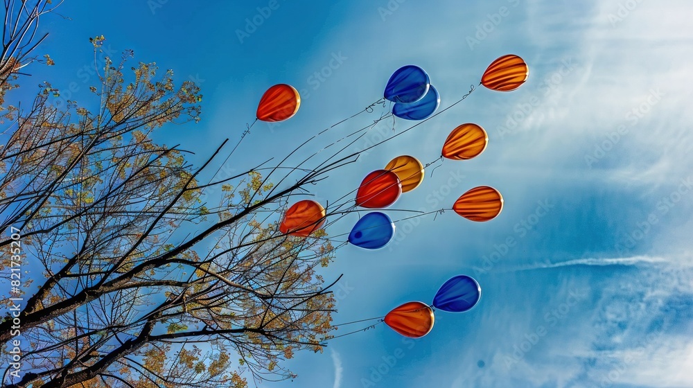 Poster a colorful array of balloons float serenely above a tree amidst a stunning blue sky and delicate clo