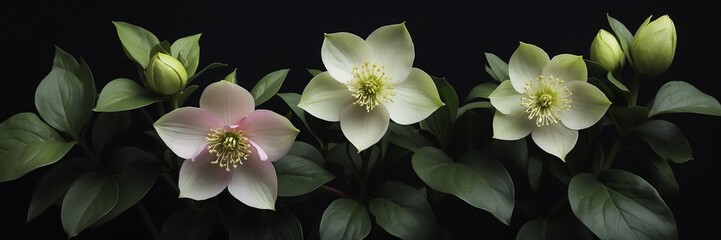 hellebore flowers and leaves on plain black background from Generative AI