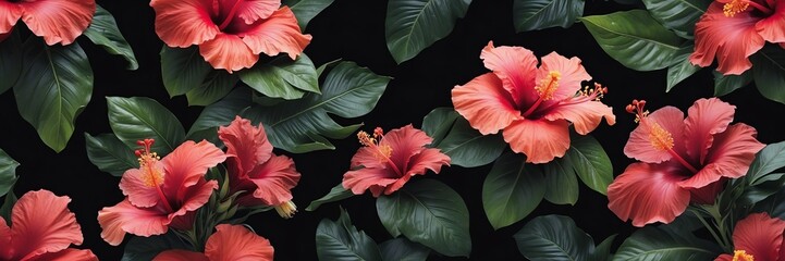 hibiscus flowers and leaves on plain black background from Generative AI