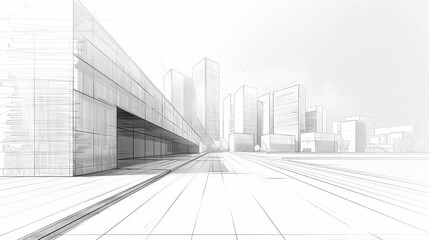 Fototapeta premium A minimalist, black-and-white sketch of a modern cityscape, focusing on clean lines and architectural details.