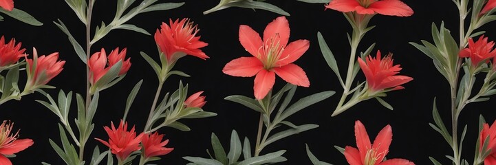 indian paintbrush flowers and leaves on plain black background from Generative AI