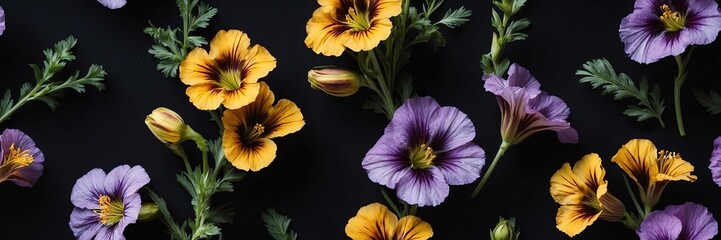 salpiglossis flowers and leaves on plain black background from Generative AI