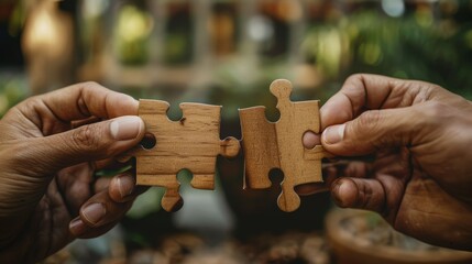 A pair of hands holding two matching puzzle pieces, about to connect them together, representing finding the right match or solution.