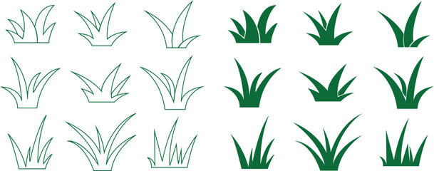 Fototapeta premium Green flat Lawn grass Icons Set. Spring field planting shape lawn or garden editable stock, Transparent background. Cartoon of plants and shrub for boarding and framing, eco and organic logo elements.