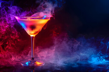 Mystical glowing cocktail with smoke on dark background