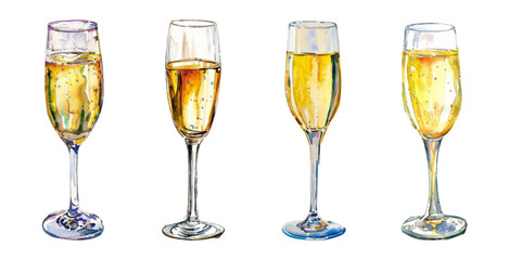 Watercolor glass glasses with champagne. Glasses with sparkling wine on a transparent background. Champagne glasses png. Vector illustration.