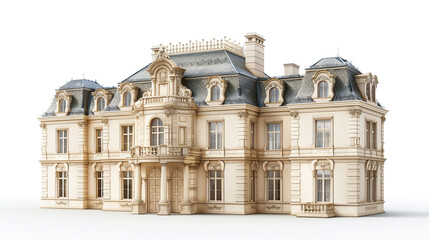 A 3D-rendered German manor with cream stucco walls and a slate roof, featuring classical architectural details, against a white background.